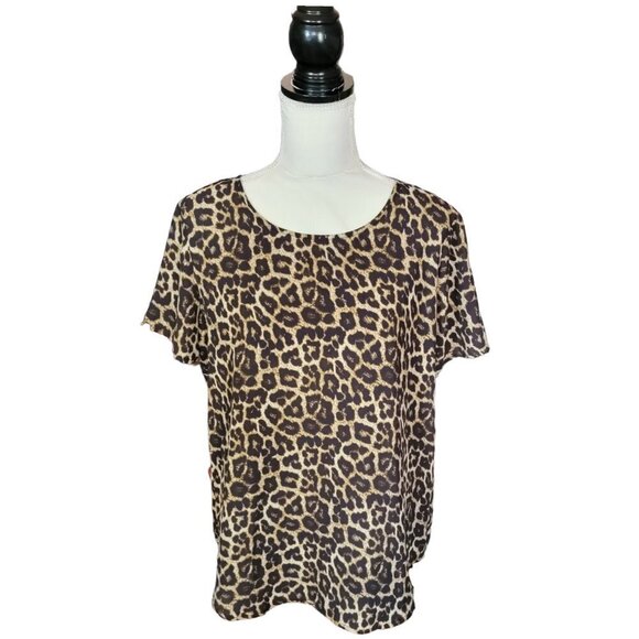 Chelsea & Theodore Short Sleeved Brown Animal Print Blouse in Size Medium - Picture 1 of 4
